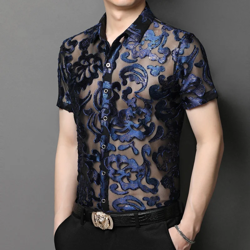 

Short-sleeved shirts in summer, young and middle-aged golden velvet hollow men's flower shirts, elastic slim tops
