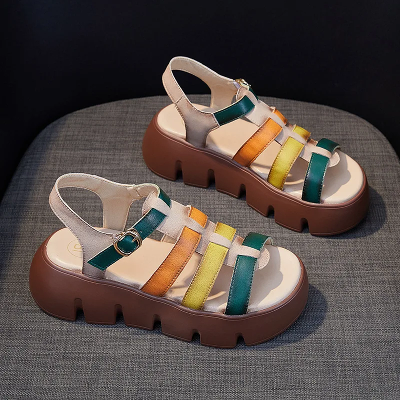 CICIYANG Sandals Women Genuine Leather 2023 Summer New Flat Mother Shoes Non-slip Ladies Beach Shoes Cutout Weave Roman Sandals