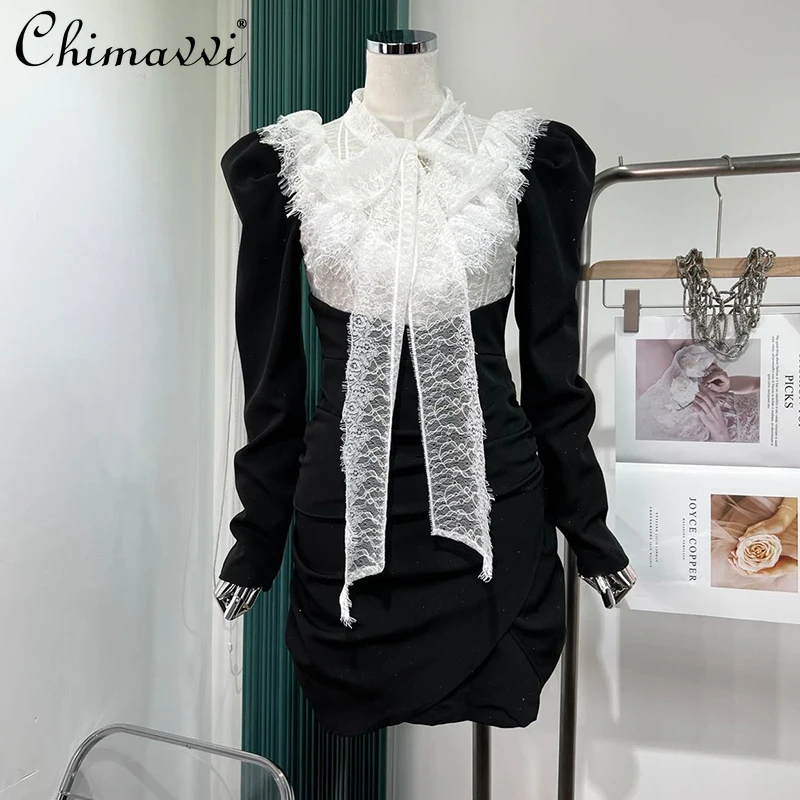 

2022 Spring Graceful Fashion Slim Office Lady Sheath Dress Refined Handmade Lace Stitching Pearlescent Long Sleeve Short Dress