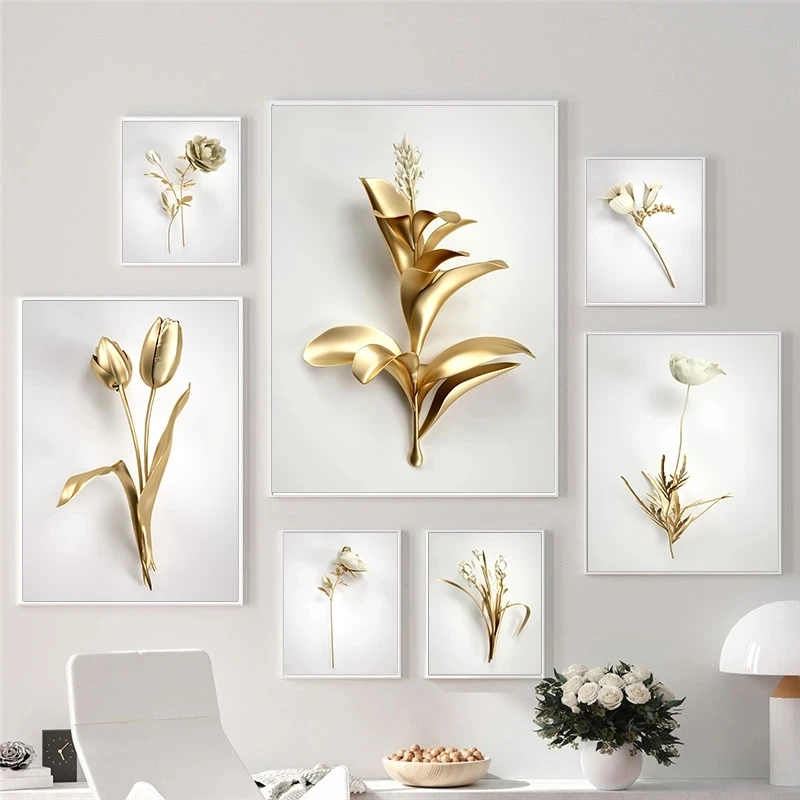 

Golden Flower Posters and Prints Abstract Nature Plant Canvas Painting Home Decor Luxury Picture Nordic Wall Art Room Decor