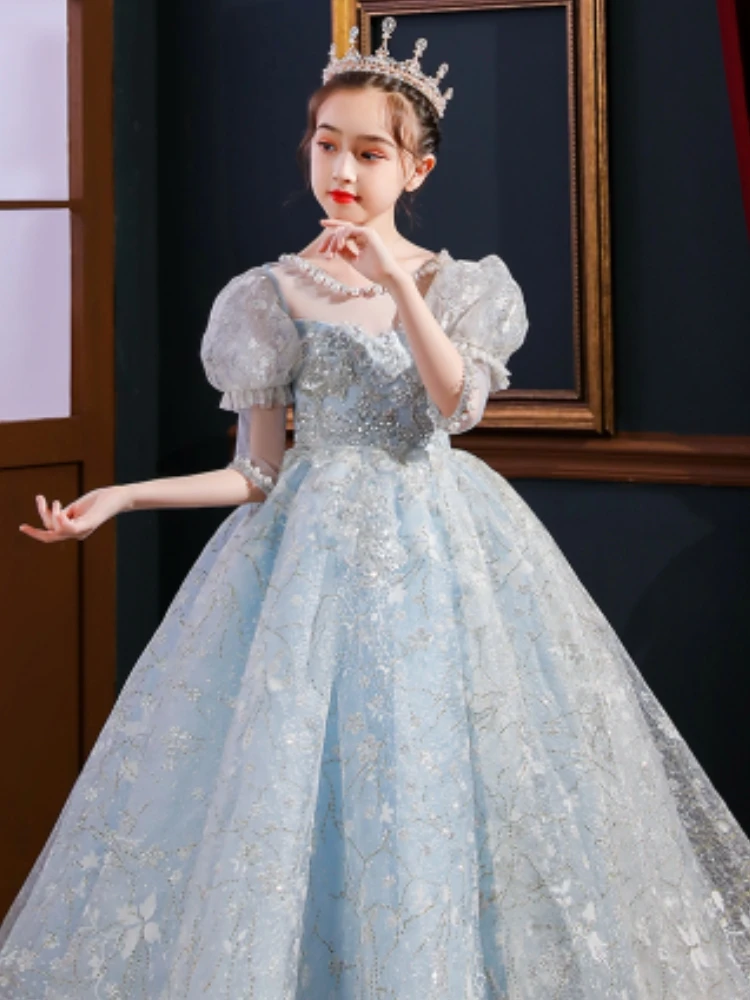 Light Blue Girls' Dress New Girls' Birthday Piano Bubble Sleeve Fairy Gas Walk Show Children'S Dress