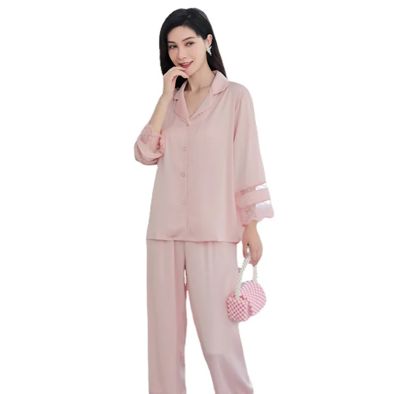 2023 Autumn Pajamas Women's Ice Silk Silk Nine-Quarter Sleeve Two-Piece Set Thin Homewear Suit
