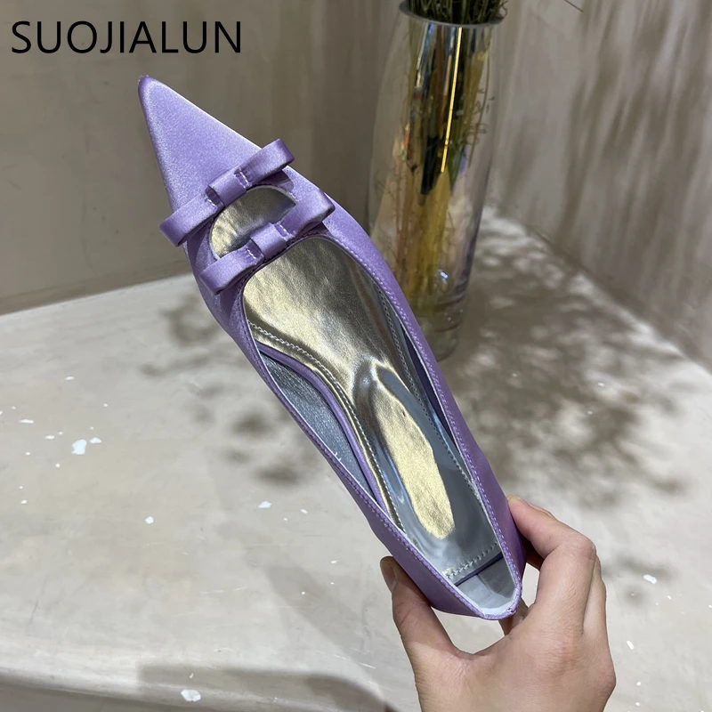 SUOJIALUN 2022 New Spring Flats Shoes Pointed Toe Shallow Slip On Ladies Elegant Ballerina Fashion Bow-knot Casual Women Loafers