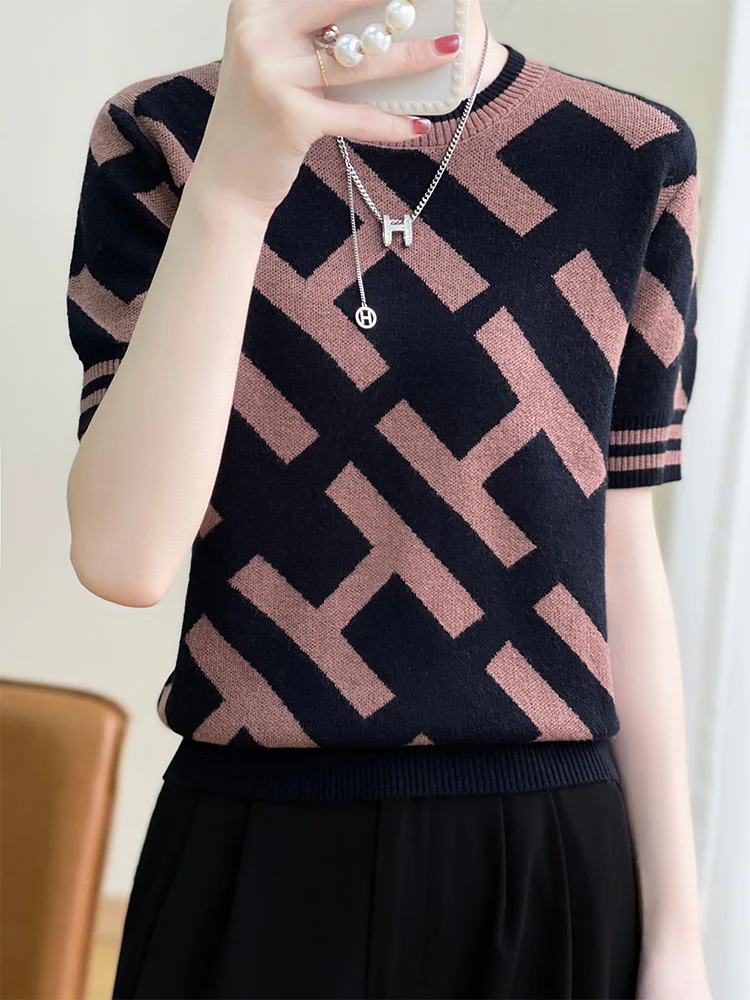 

100% Pure Wool T-shirt Spring Summer New Women's Round Neck Knitted Pullover Short Sleeve Fashion Cashmere Top Casual Shirt Vest