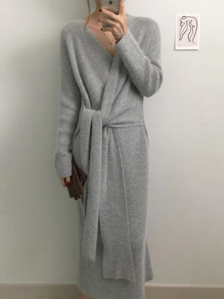 

Belted Cashmere Sweater Sexy V Kneck Cardigan Knitted Dress Fashion Casual Solid Knitwear Elegant Long Tunic Autumn Winter 2022