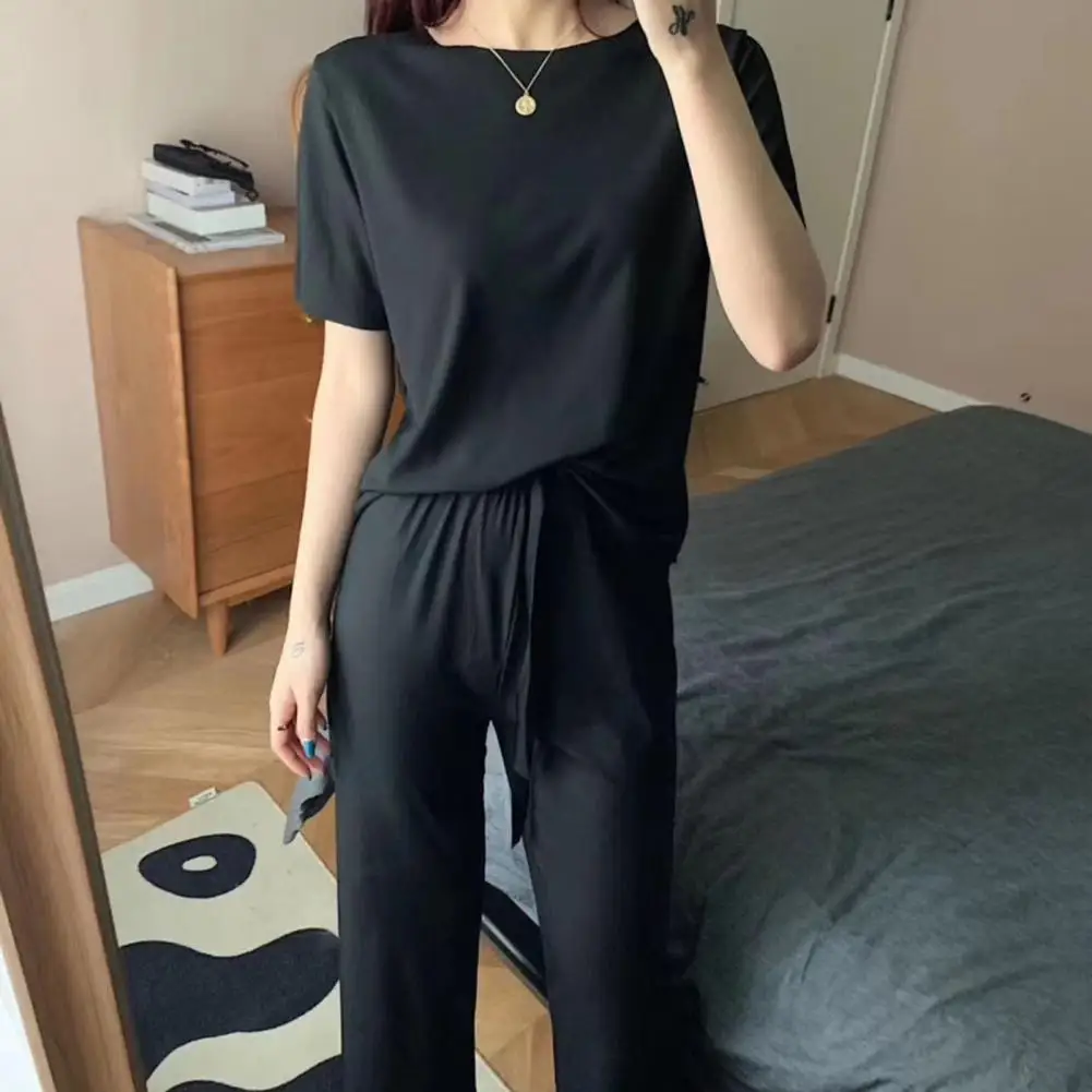 

2Pcs/Set O-neck Short Sleeve Leisure Outfit Women Ice Silk T-shirt Straight Wide Leg Pants Set Homewear conjuntos de pantalón