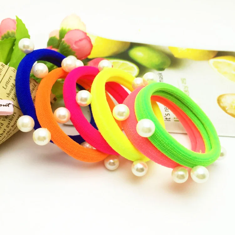 

Hot sale high quality hair accessories scrunchies cotton durable elastics rubber bands colored pearl hair tie