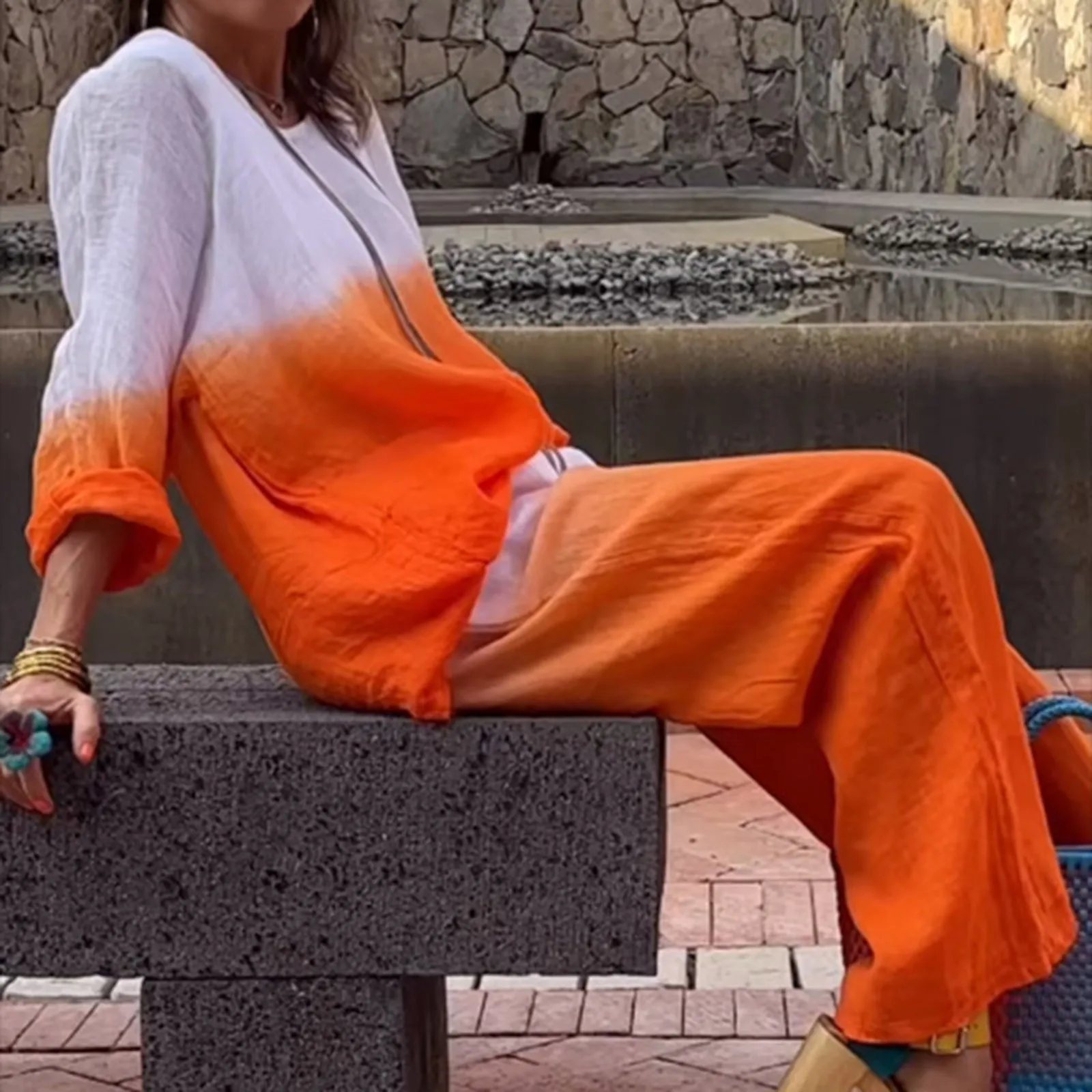 Комплект брюк женский из хлопка и льна комплект 2 предметов с градиентным