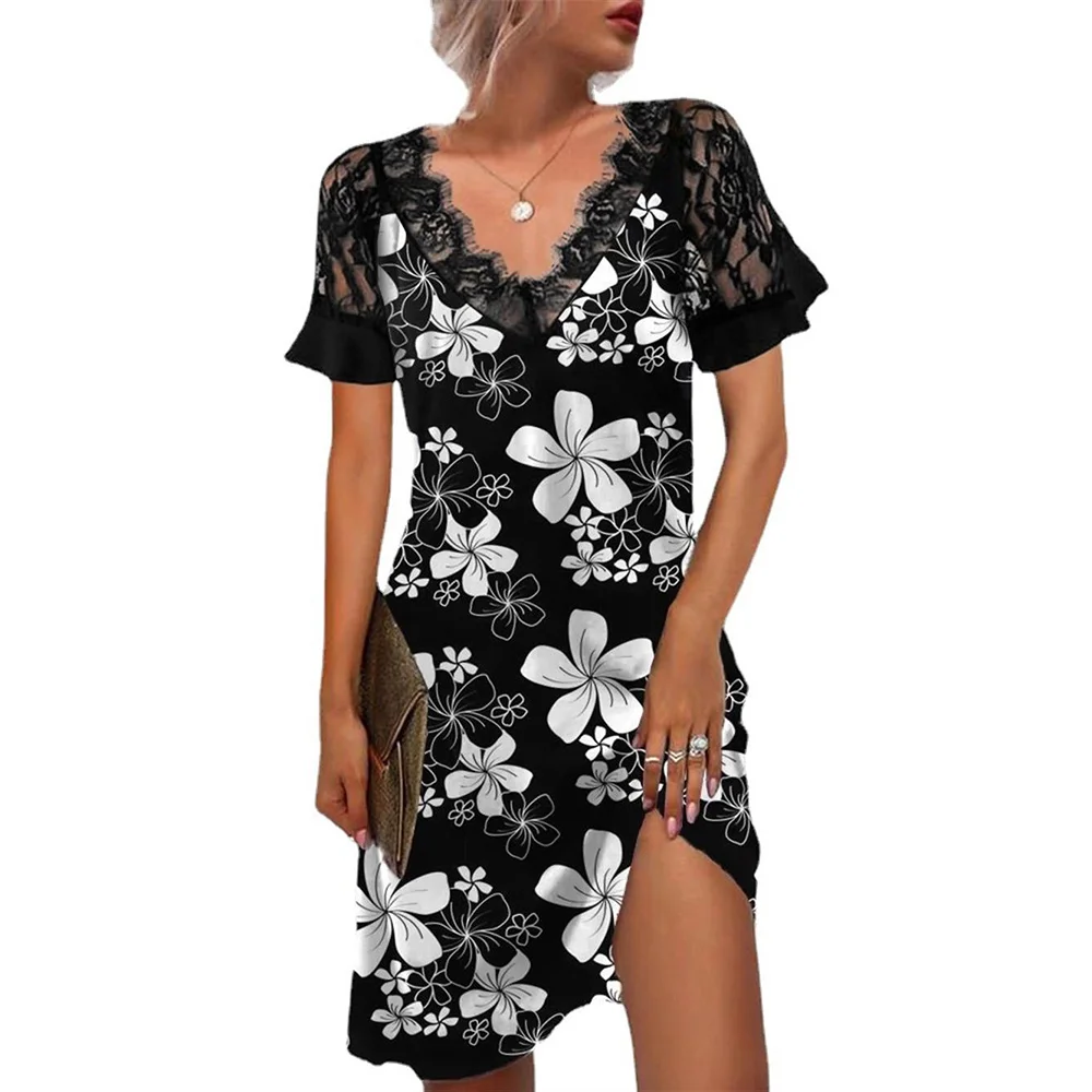 

Lace Patchwork Print Dresses for Women Summer 2022 Short Sleeve Vintage Beach Boho Vestido Feminino Casual Loose Women Dress