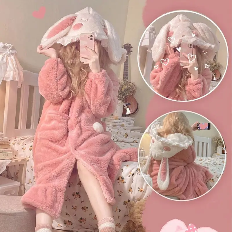 

Autumn/winter pajamas female students thickening can wear pajamas outside coral velvet robe lovely rabbit hooded household take