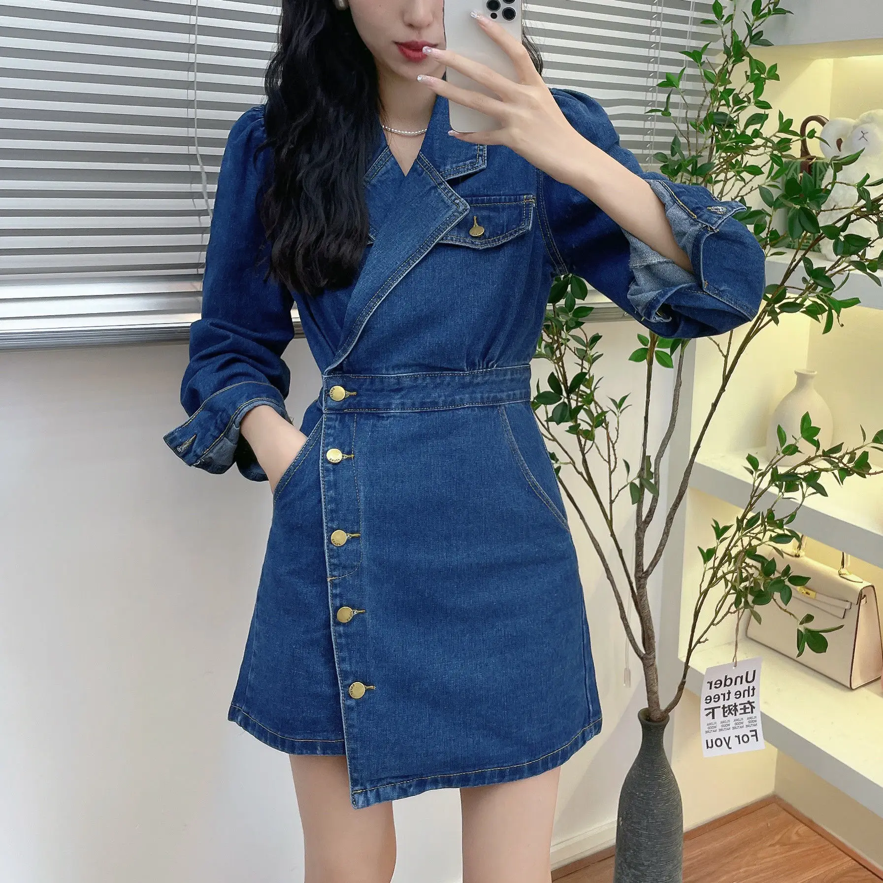 

Women Fashion Elegant Vintage A-Line Midi Party Denim Shirt Dress Autumn Casual Slim Outwear Jeans Vestidos Femme Clothes V395