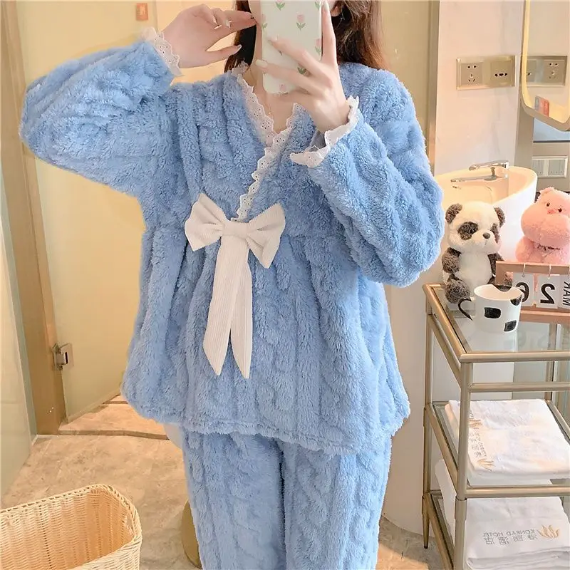 Women's Pajamas Autumn And Winter Thickened Fashionable Lapel Pajamas Suit Long Sleeve Cardigan Suit Plus Size Home Clothes