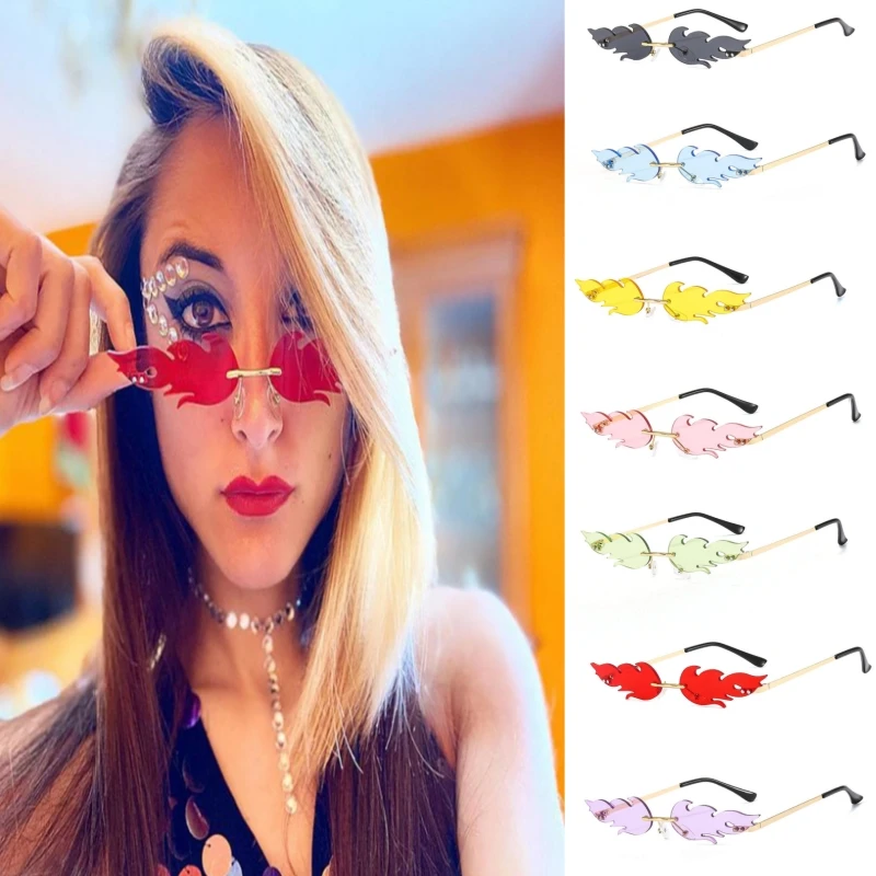 

2023 Fire Flame Shape Sunglasses for Women Men Rimless Wave Sun Glasses Trending Narrow Eyewear Streetwear UV 400