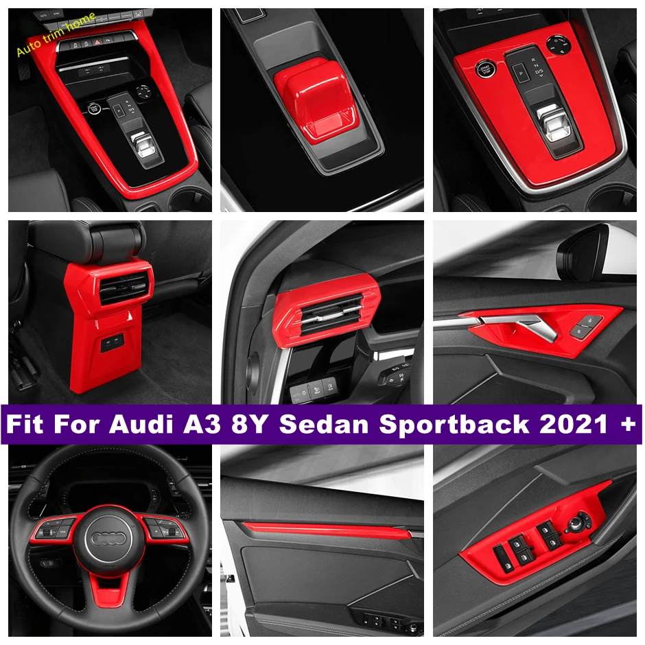 

Red Gear Head Steering Wheel Handle Bowl Air AC Glass Lift Button Panel Cover Trim Fit For Audi A3 8Y Sedan Sportback 2021 2022