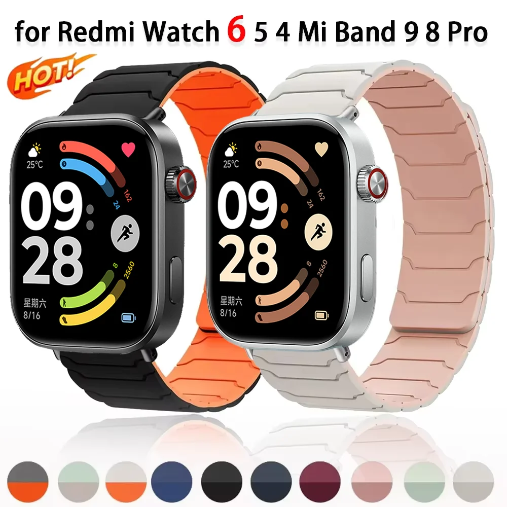 Фото Магнитный силиконовый ремешок-браслет для Redmi Watch 6 5 4, спортивный удобный ремешок для Xiaomi Mi Band 9 Pro 8 Pro, аксессуары Correa №1