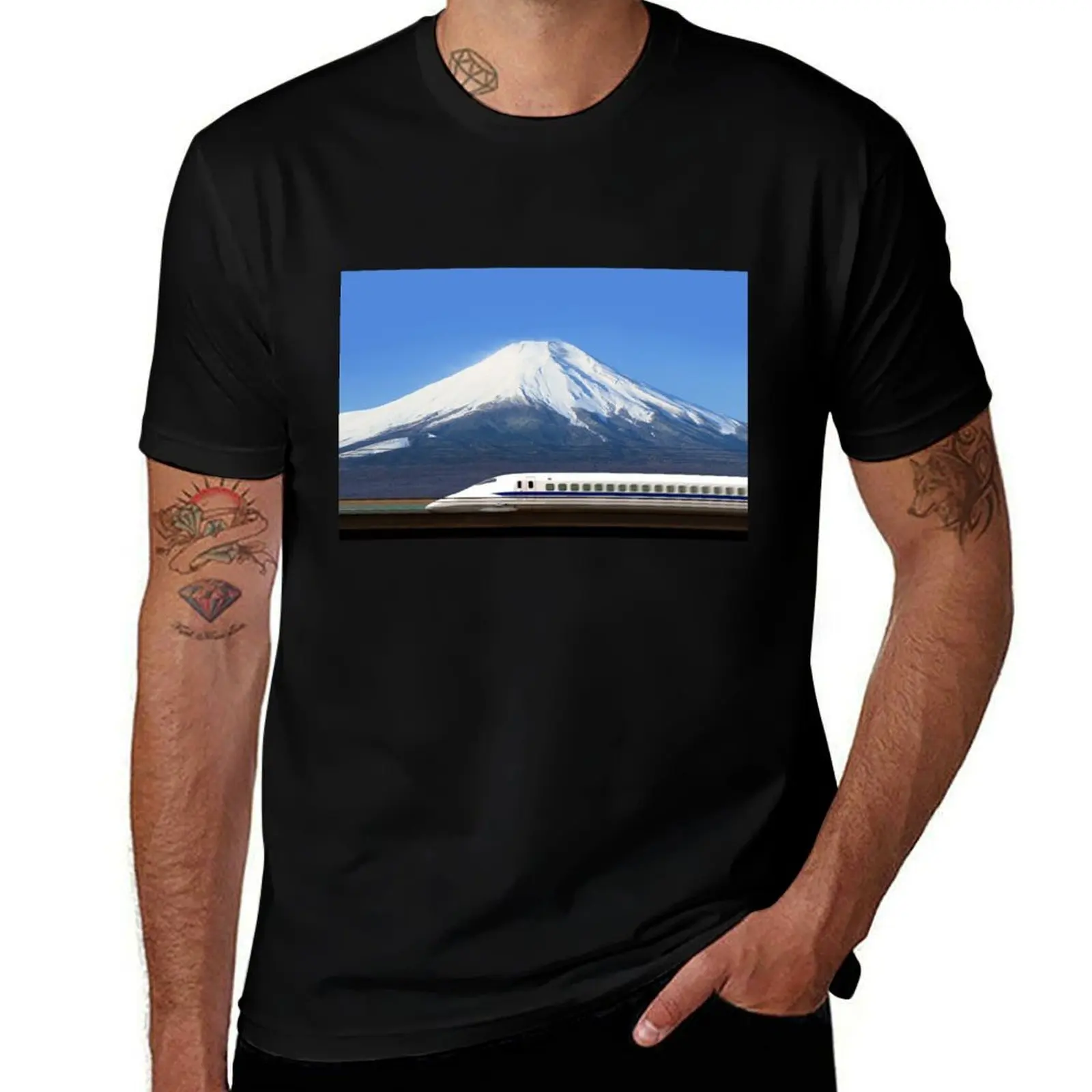 Фото Футболка Mount Fuji and Tokaido Shinkansen, Shizuoka, Japan, большие футболки с изображением животных для мальчиков и мальчиков, белые футболки для мужчин с графикой №1