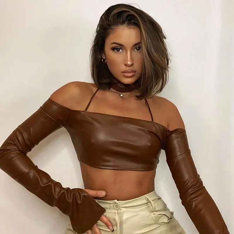 2022 Chaquetas Chaqueta Mujer Pu Leather Spring New Scarf Long-Sleeved Tail Split One-Shoulder Leather Top Women's Clothing