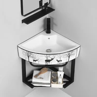 Black Stainless Steel Console Ceramic Triangular Small Corner Wash Basin Wall Mounted Bathroom Sink Stand