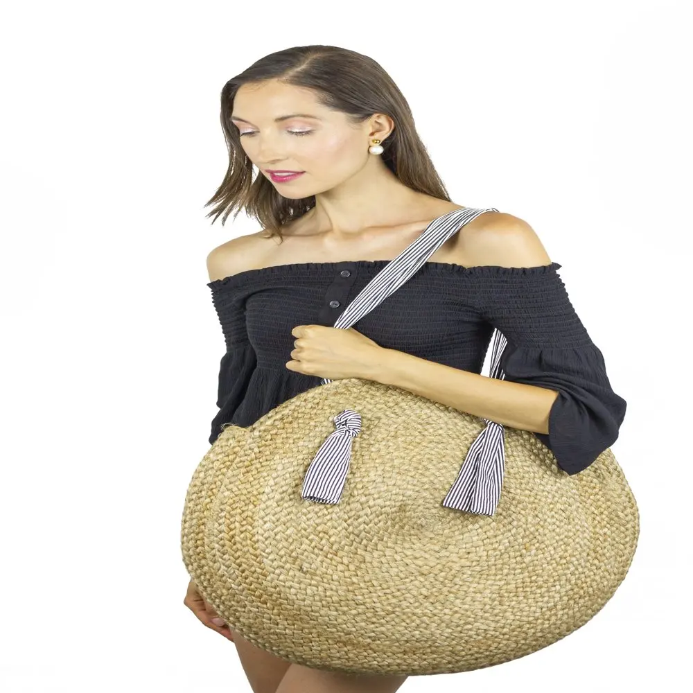 2023 NEW Women`s Large Straw Circle Bag with Cotton Handles Natural fast shipping