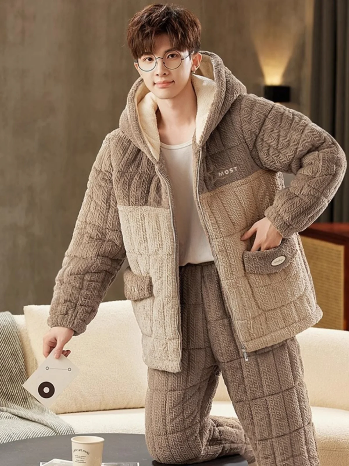 Olympic Pajamas Men's Winter Thickened Fleece-lined Three-Layer Quilted Warm Autumn and Zip-up Homewear Set |