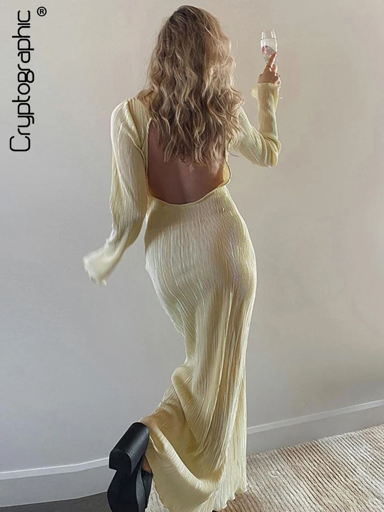 Cryptographic Draped Ruched Sexy Backless Maxi Dress for Women Autumn Party Club Long Sleeve Slit Dresses Elegant Outfit Clothes