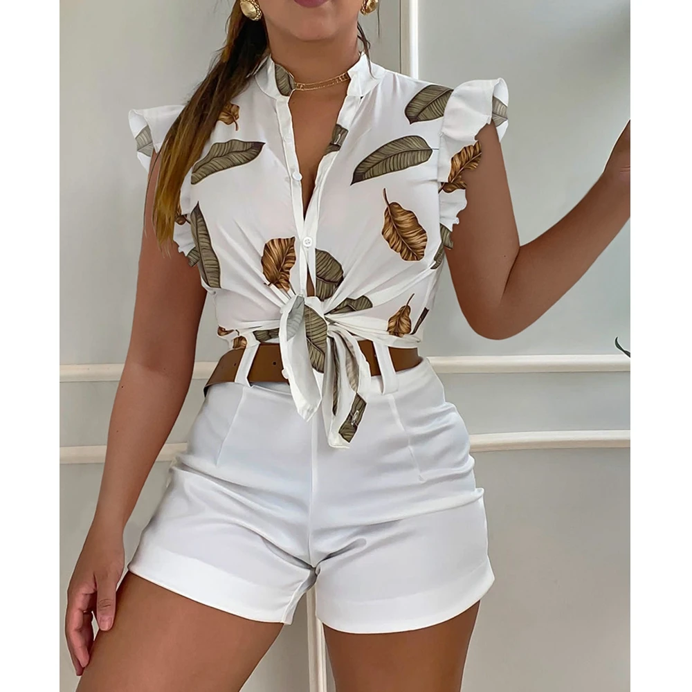 

Wepbel Flying Sleeve Lace-up Shirt 2 Piece Pants Leaf Print Flutter Sleeve Shirt & Shorts Set Summer Vests Tops Pencil Shorts