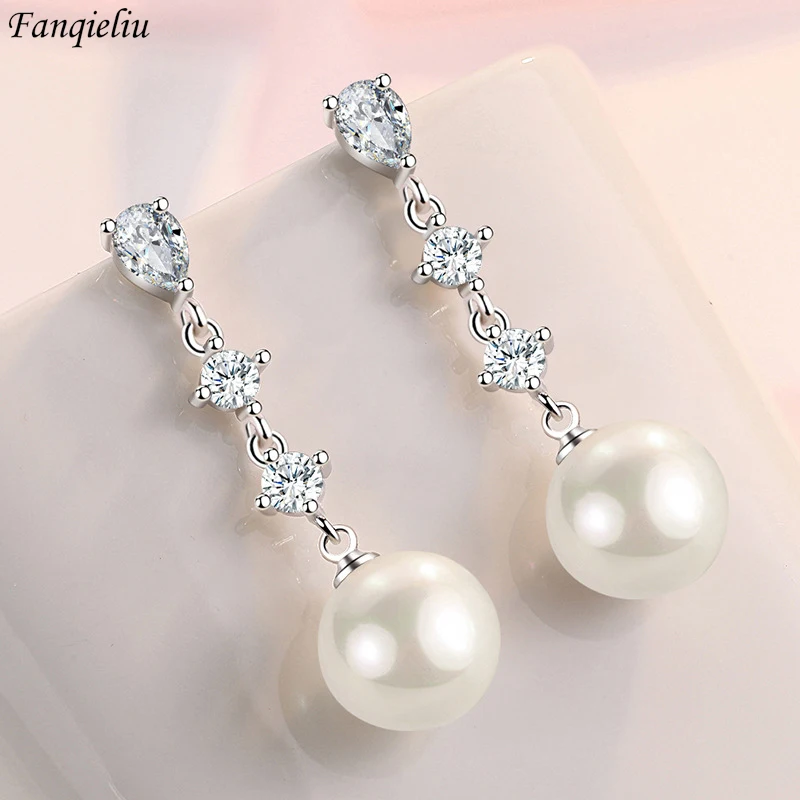 

Fanqieliu Stamp 925 Silver Needle Luxury Pearl CZ Crystal Drop Earrings For Women New Jewelry Girl Gift Trendy FQL22043