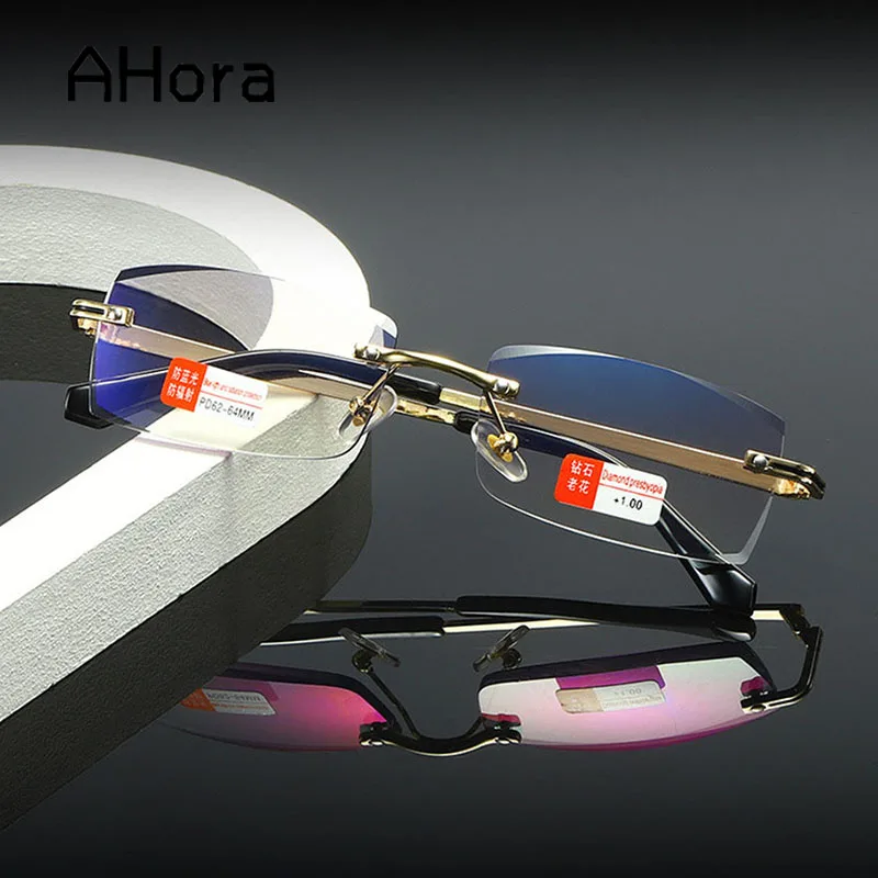 

Ahora Rimless Blocking Anti Blue Light Reading Glasses Women Men Square Presbyopic Alloy Eyeglasses Farsighted +2..0