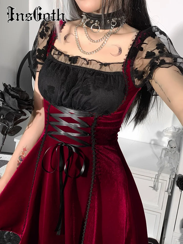 

InsGoth Gothic Vintage Velvet Croset Dress Aesthetic Punk Hight Waist Lace Trim Mesh Mini Dresses Fairy Grunge Partyclub Dress