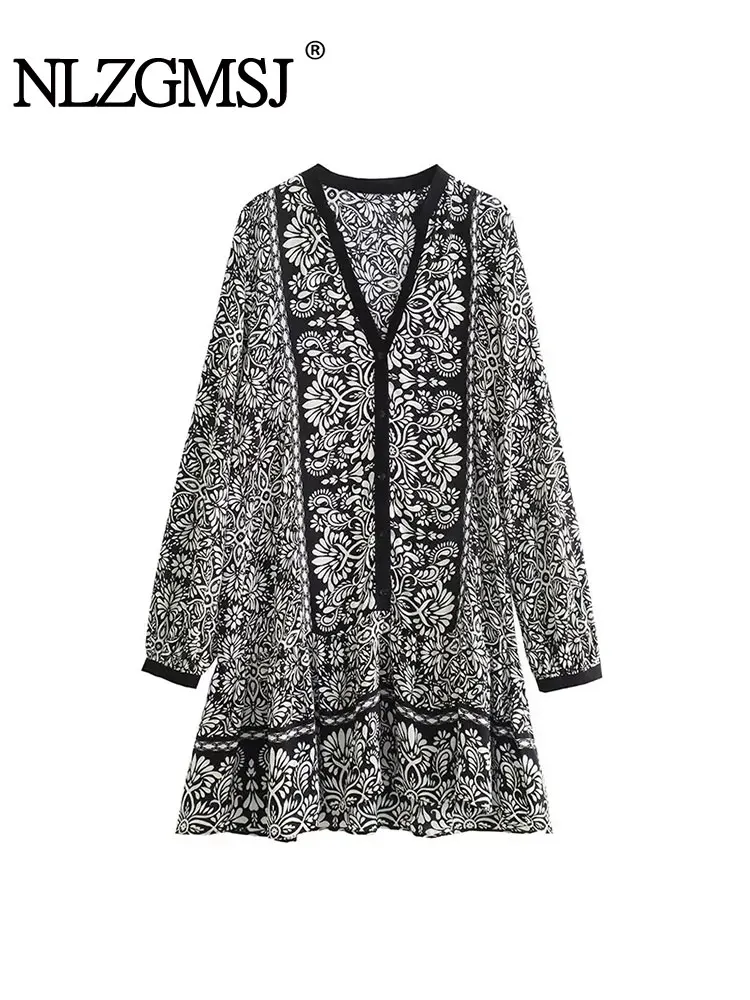 

Женское винтажное платье-рубашка Nlzgmsj TRAF - 2023 с V-образным вырезом и цветочным принтом, свободное мини-платье на пуговицах, женское шикарное плиссированное платье с длинным рукавом
