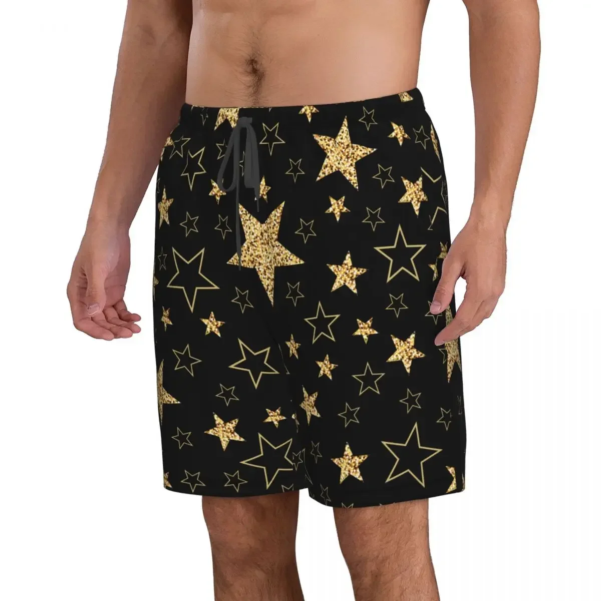 Летние мужские купальники шорты золотые звезды черный фон пляжная одежда Плавки