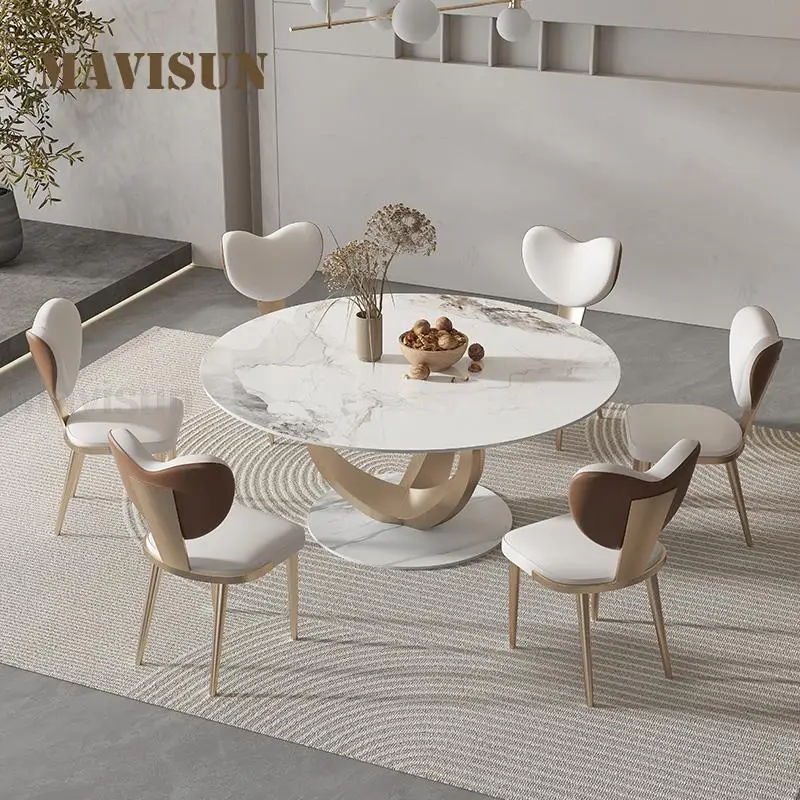 

Light Luxury Stainless Steel Frame Dining Table Combination Round With Turntable Marble/Slate Dining Table With Four Chairs