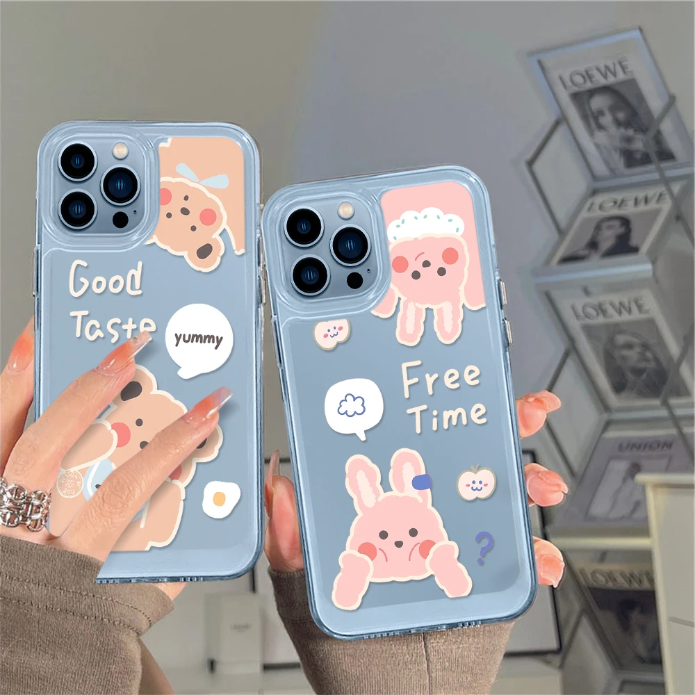 

Clear Cute Cartoon Bear Rabbit Phone Case for iPhone 14 13 12 11 Pro Max Mini XS XR X Transparent Shell Back Cover Capa Fundas