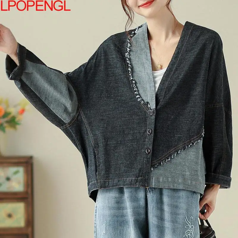 Женская однобортная джинсовая куртка оригинальный винтажный Топ большого