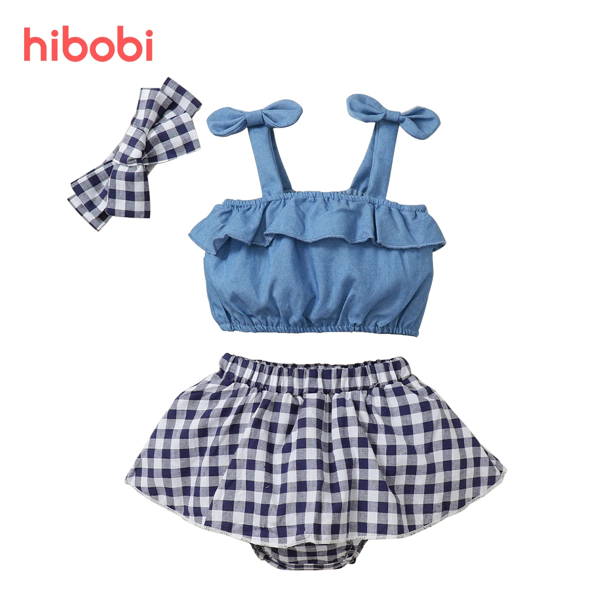 

Одежда для новорожденных девочек hibobi джинсовые комбинезоны без рукавов для младенцев + шорты в клетку + повязка на голову в клетку комплект ...