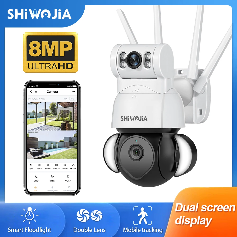 SHIWOJIA 8MP PTZ Surveillance Camera WIFI Security Dual Lens Panoramic IP Cameras Motion Tracking Outdoor Fully Night Vision Cam