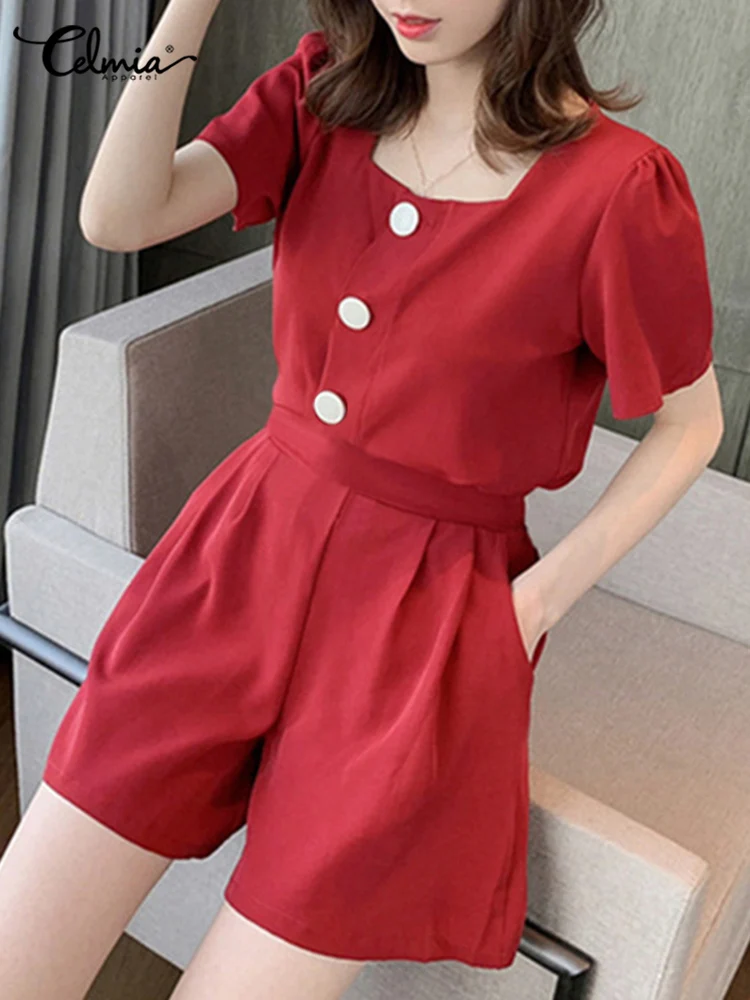 

Celmia Summer Pleats Square Collar Short Sleeve Top and Elastic Waist Short Korean Women Casual Elegant Short Sets 2PCS Sets