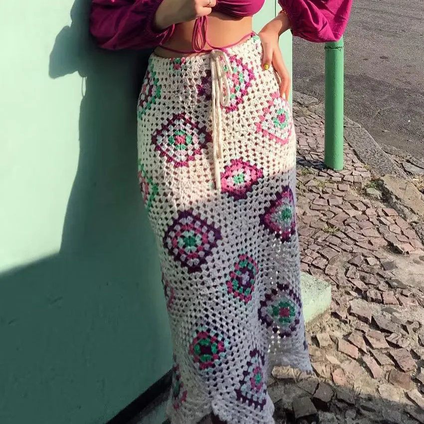 

Женская пляжная юбка с высокой талией, повседневная трикотажная юбка в стиле бохо, винтажная Этническая клетчатая юбка с вышивкой, лето 2022