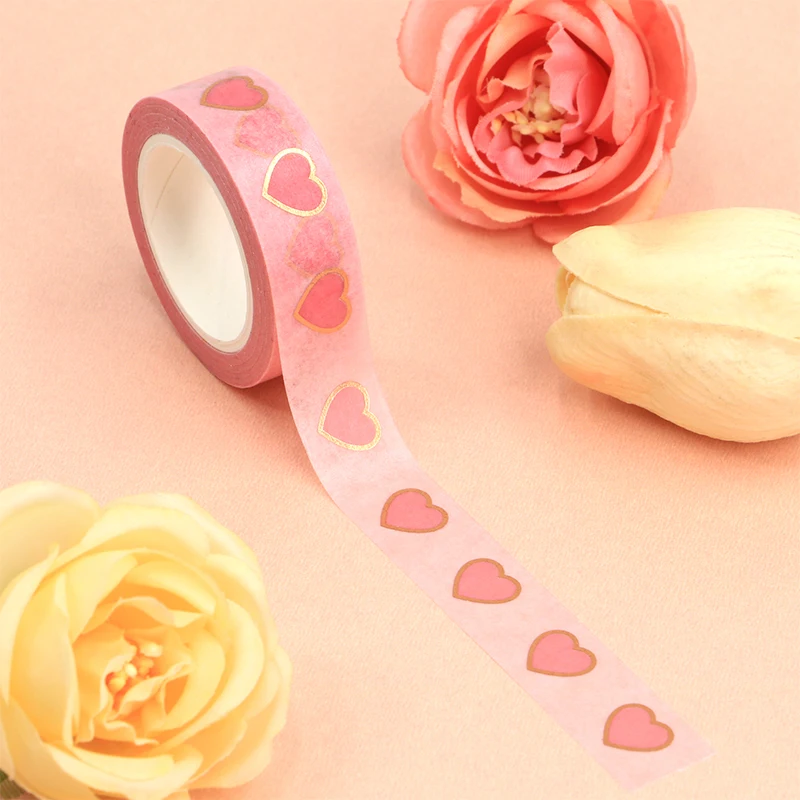 

2022 New 1PC 15mm*10m Decorative Gold Foil pink hearts Washi Tape Scrapbooking Masking Tape Office mask washi tape