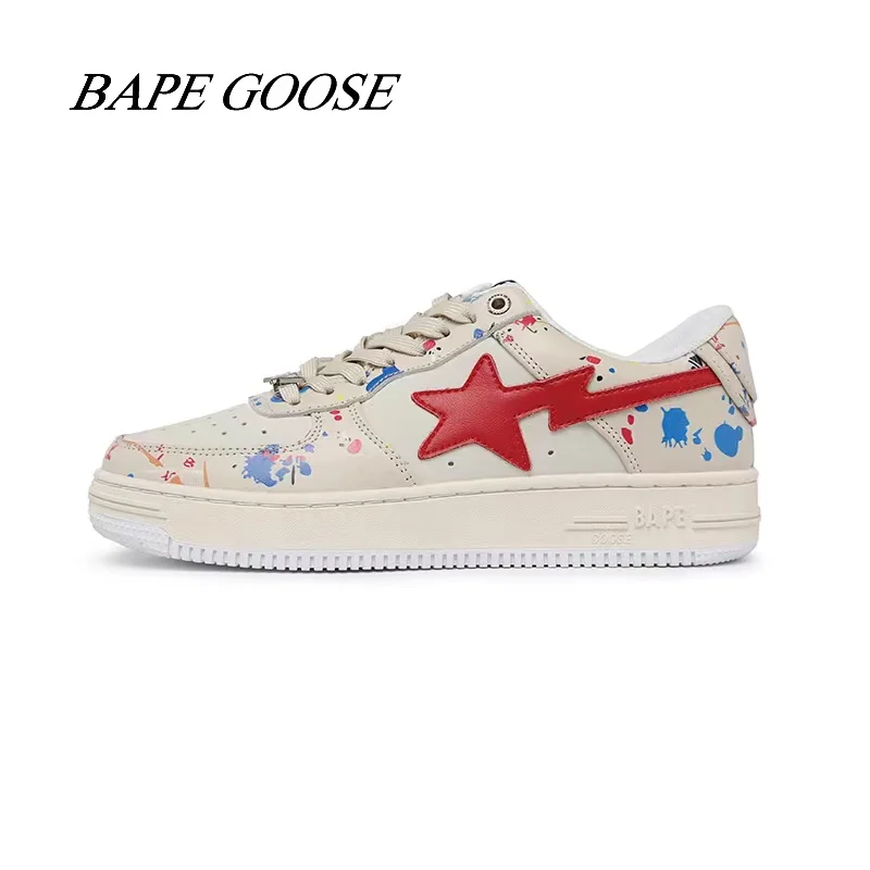 

BAPEGOOSE blue black-and-white gray patent leather casual shoes, street contrast low-cut leather sports skateboard shoes