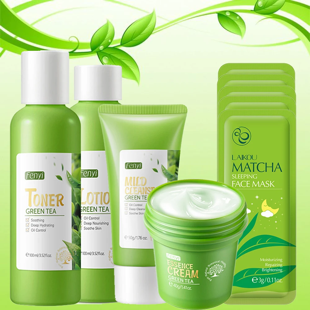 

Набор для ухода за кожей лица с зеленым чаем, увлажняющий контроль жирности, успокаивающий лосьон для лица, эссенция, крем для лица, восстана...