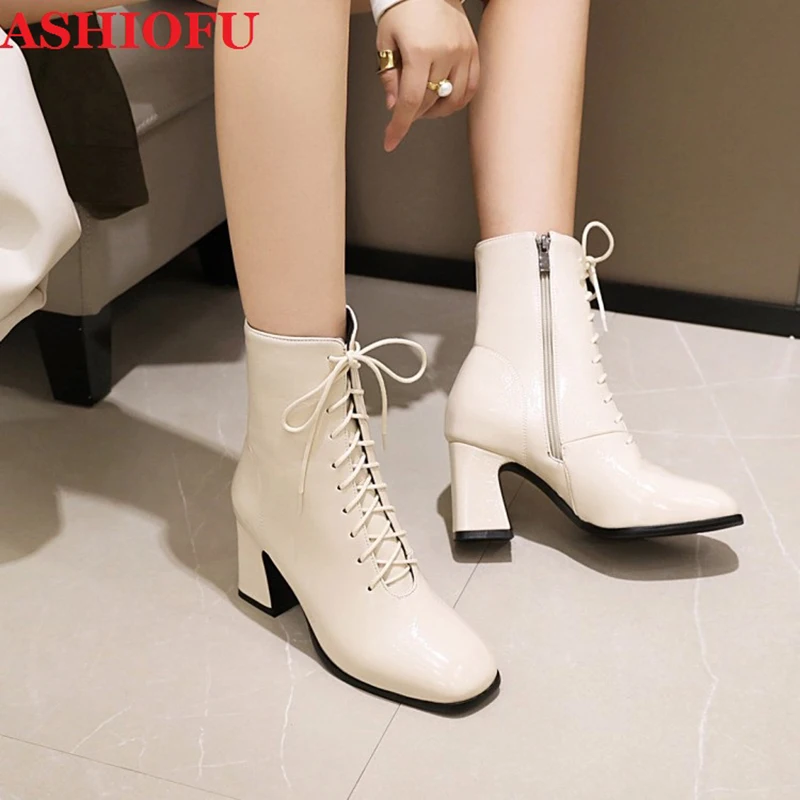 

ASHIOFU New Handmade Chunky Heels Women's Boots Shoelace Party Prom Ankle Dress Booties Evening Club Fashion Winter Short Boots