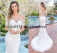 elegant sheer jewel neck illusion back beach wedding dress long bridal gowns gorgeous short sleeves lace mermaid wedding dresses