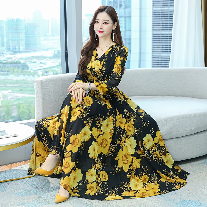Muslim Floral Chiffon Long Sleeve Maxi Dress Spring Autumn New V-Neck Elegant  Dress 2023  muslim dress women  فستان