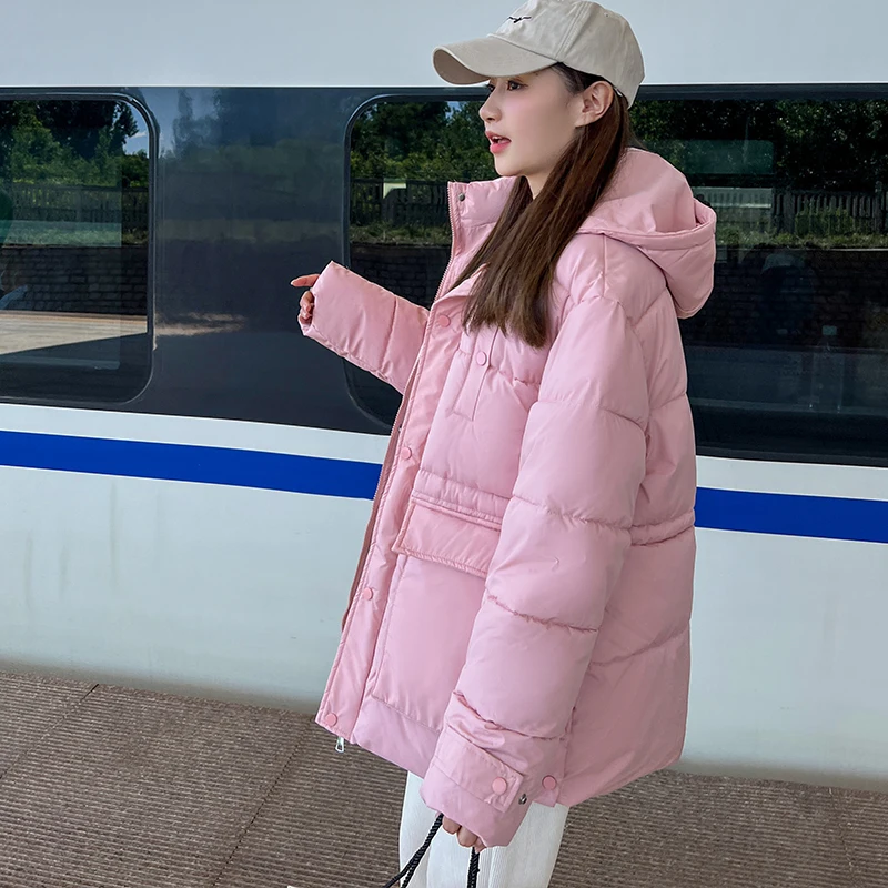 2022 Women's Winter Jacket Streetwear Hooded Solid Color Padded Coat Warm Female Parkas Black Winter Women Clothing