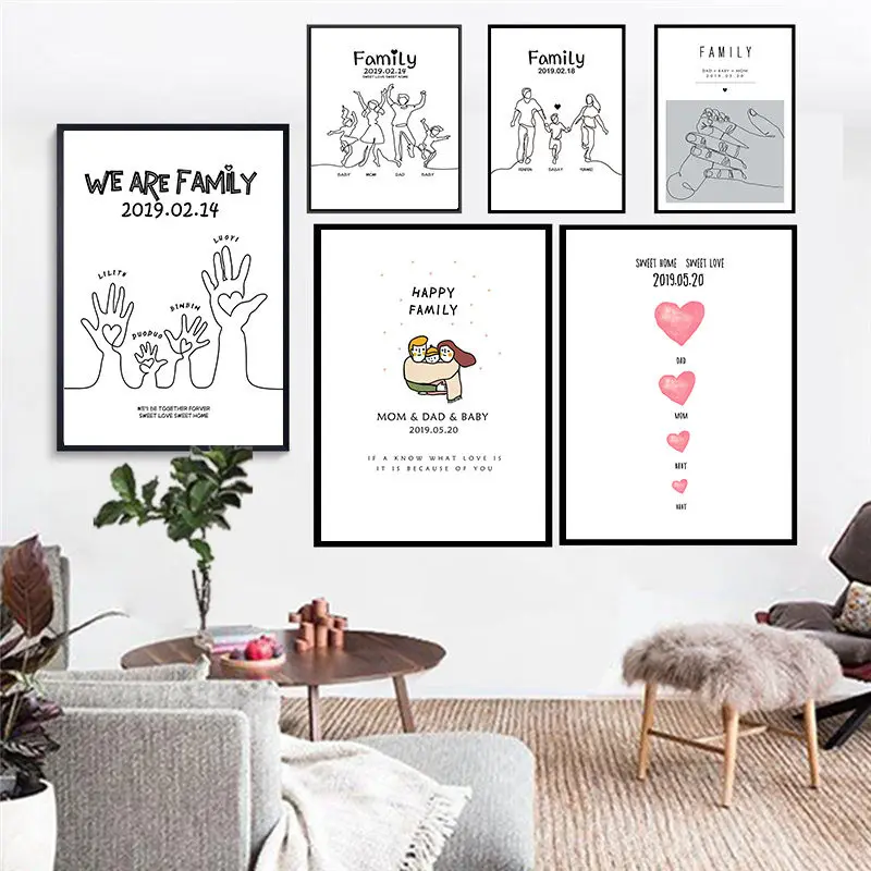 

Canvas Painting Sweet Family Customized Date Name Gift Anniversary Posters Cartoon Cute Wall Art Picture Print Home Decor