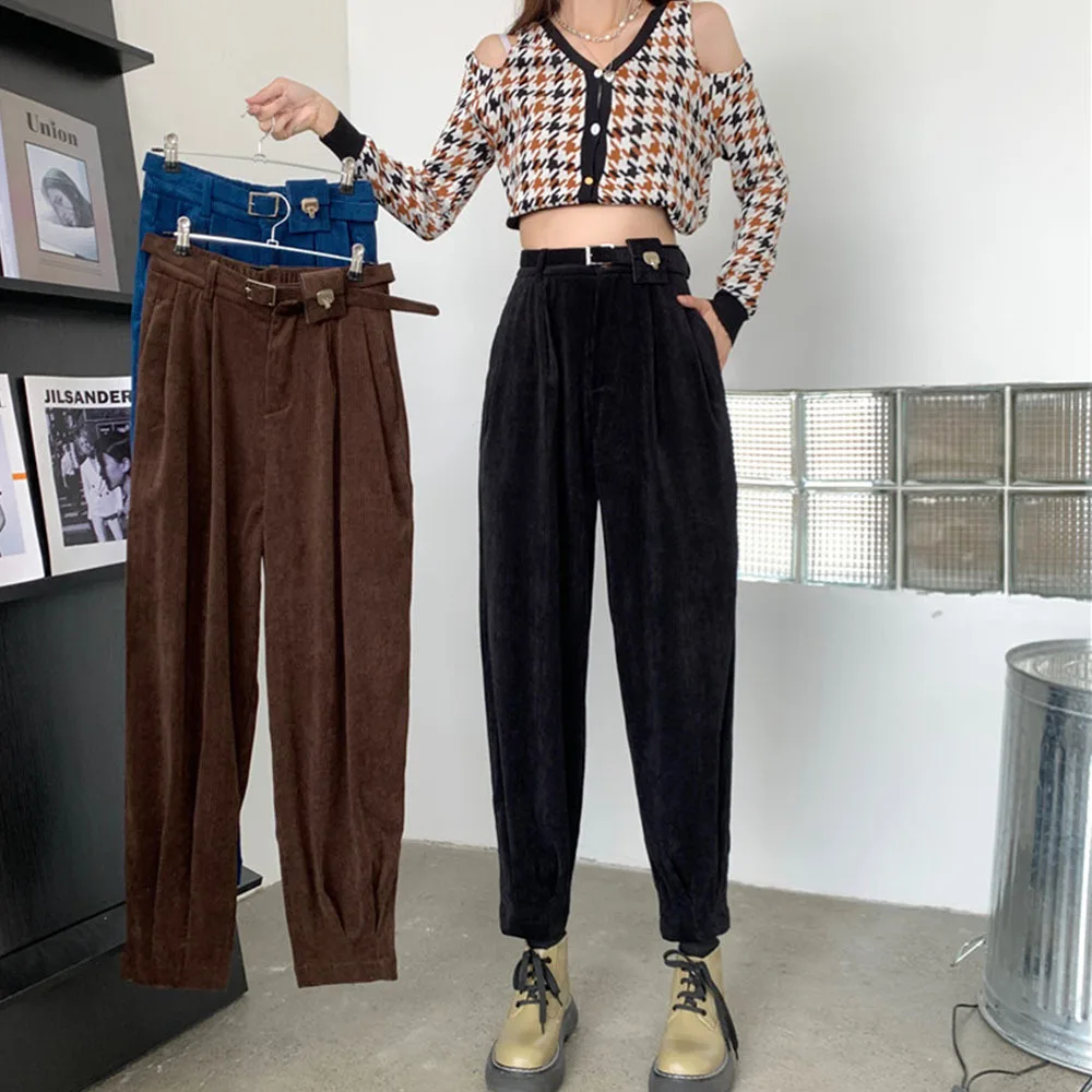 

Зимние вельветовые брюки, женские плотные теплые модные эластичные брюки-карандаш на молнии с высокой талией, повседневные свободные мешковатые брюки