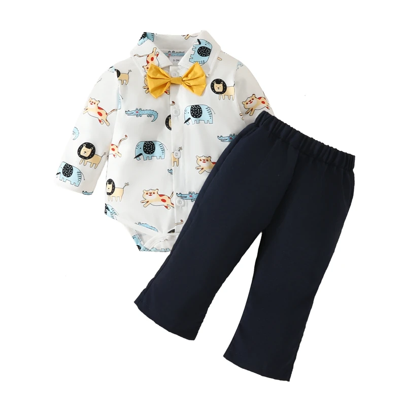 

Костюм Джентльмена для маленьких мальчиков из 2 предметов, рубашка с длинным рукавом и галстуком-бабочкой с животным принтом + брюки, Одежда для новорожденных