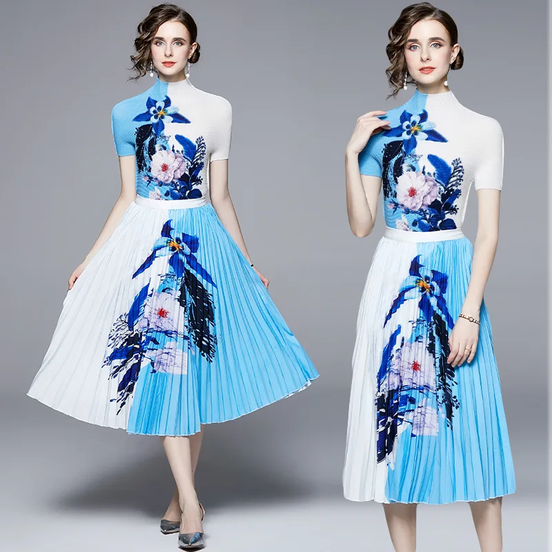 

Miyake Pleated Suit Women 2022 Summer Gradient Color Printed Loose Top Women's High Waist Two-Piece Overskirt Suit Skirt Sets