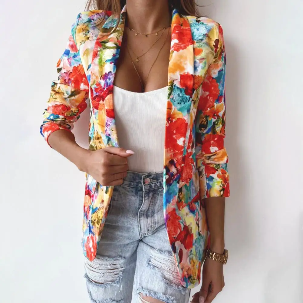 

Office Lady Blazer Popular Colorful Floral Print Open Stitch Slim Cardigan Blazer Spring Autumn Fake Pockets Suit Jacket Female